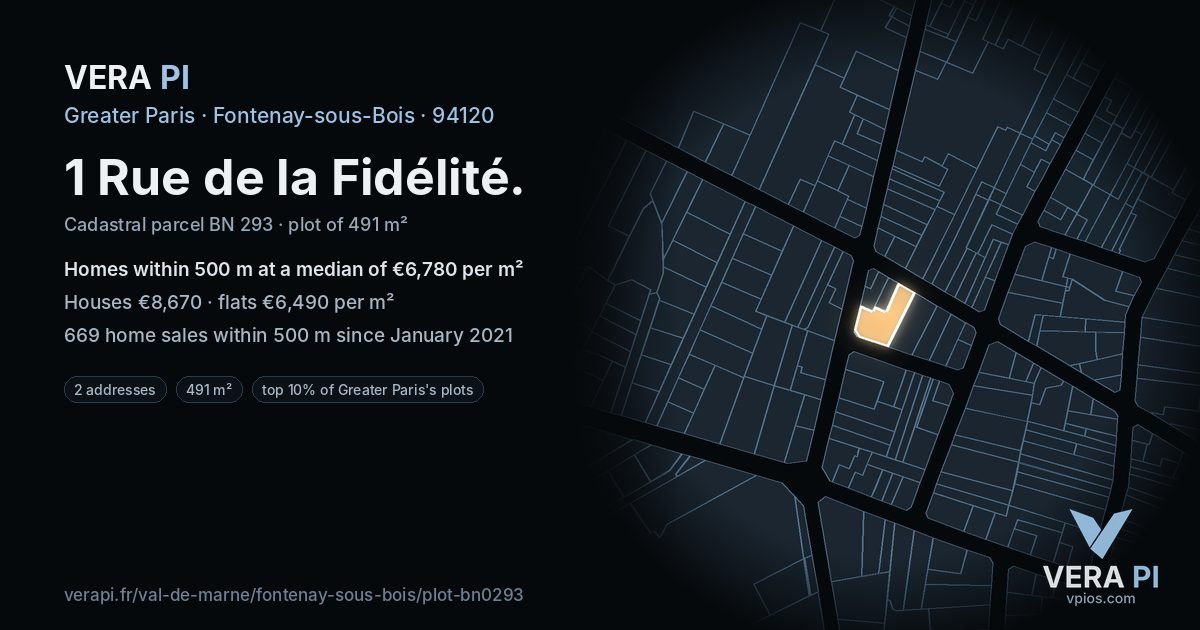 1 Rue de la Fidélité, Fontenay-sous-Bois at night – the plot lit, the parcels around coloured by the prices near them