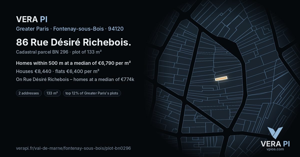 86 Rue Désiré Richebois, Fontenay-sous-Bois at night – the plot lit, the parcels around coloured by the prices near them