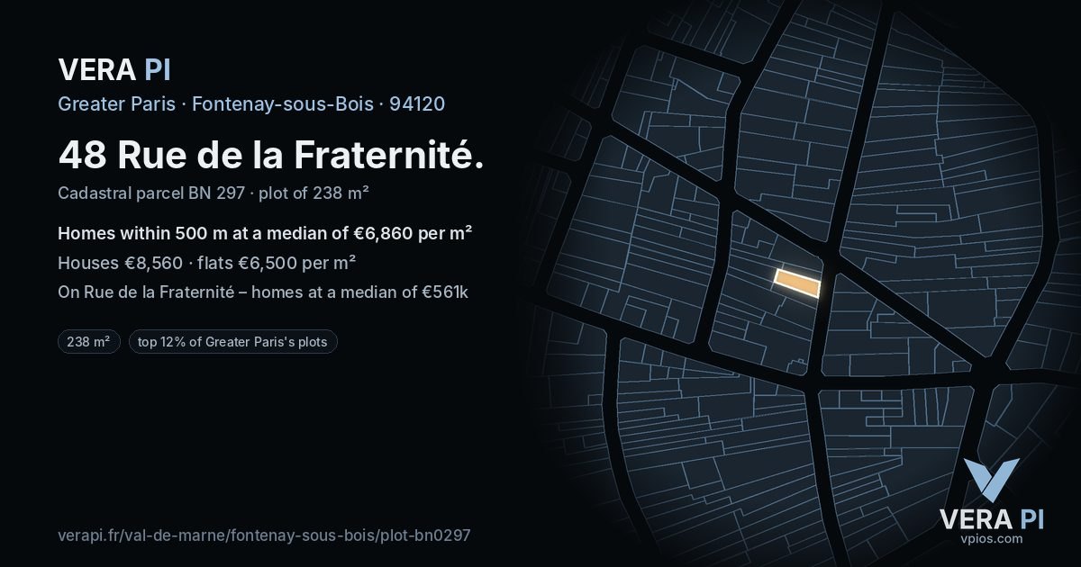 48 Rue de la Fraternité, Fontenay-sous-Bois at night – the plot lit, the parcels around coloured by the prices near them