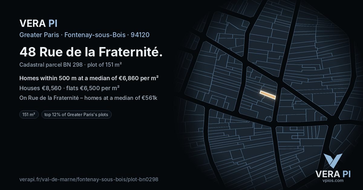 48 Rue de la Fraternité, Fontenay-sous-Bois at night – the plot lit, the parcels around coloured by the prices near them