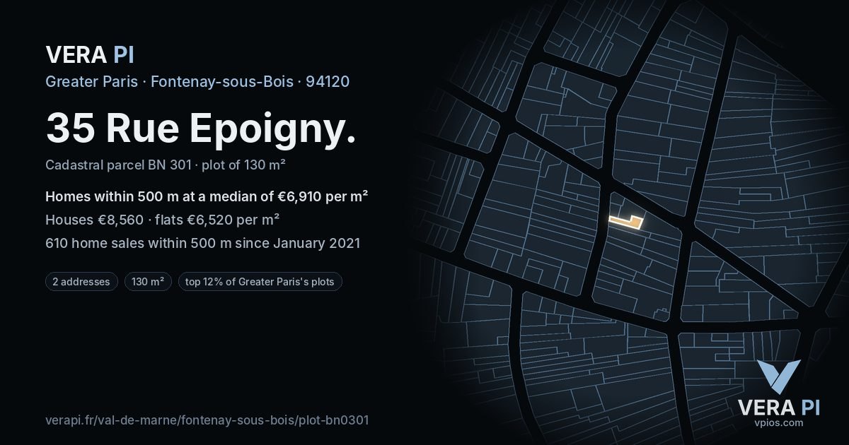 35 Rue Epoigny, Fontenay-sous-Bois at night – the plot lit, the parcels around coloured by the prices near them