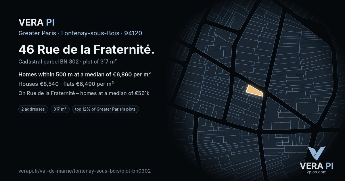 46 Rue de la Fraternité, Fontenay-sous-Bois at night – the plot lit, the parcels around coloured by the prices near them