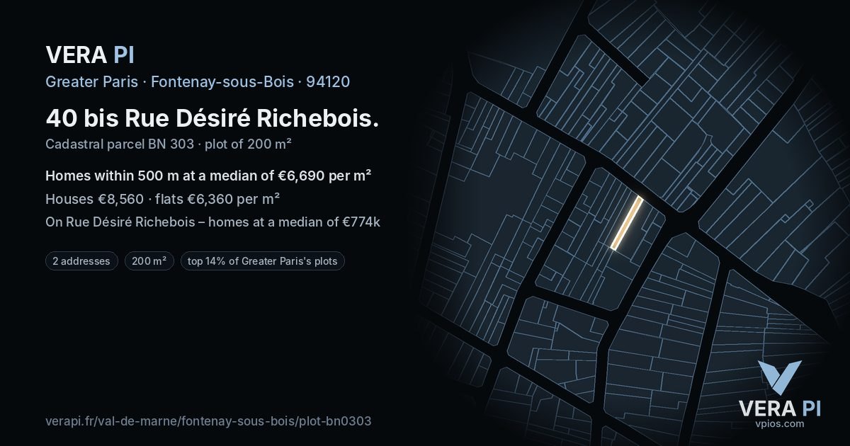 40 bis Rue Désiré Richebois, Fontenay-sous-Bois at night – the plot lit, the parcels around coloured by the prices near them