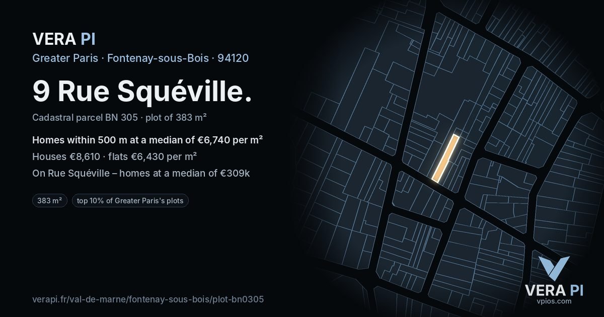 9 Rue Squéville, Fontenay-sous-Bois at night – the plot lit, the parcels around coloured by the prices near them