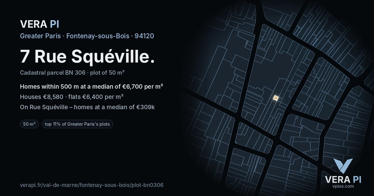 7 Rue Squéville, Fontenay-sous-Bois at night – the plot lit, the parcels around coloured by the prices near them