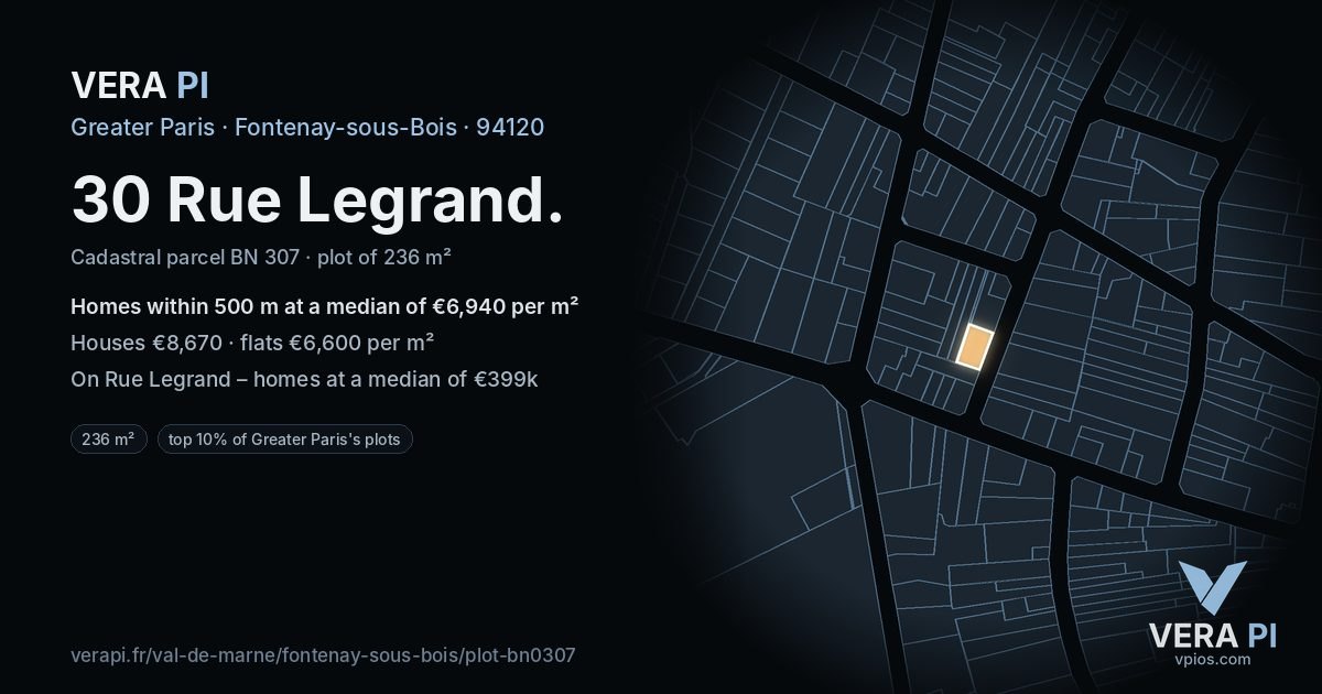 30 Rue Legrand, Fontenay-sous-Bois at night – the plot lit, the parcels around coloured by the prices near them