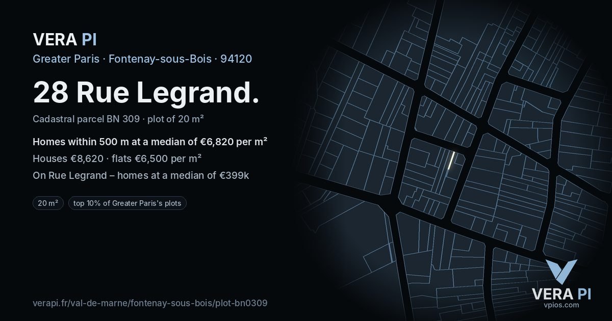 28 Rue Legrand, Fontenay-sous-Bois at night – the plot lit, the parcels around coloured by the prices near them