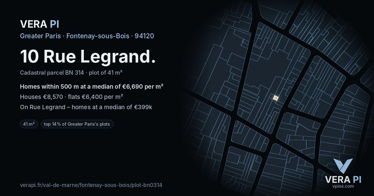 10 Rue Legrand, Fontenay-sous-Bois at night – the plot lit, the parcels around coloured by the prices near them