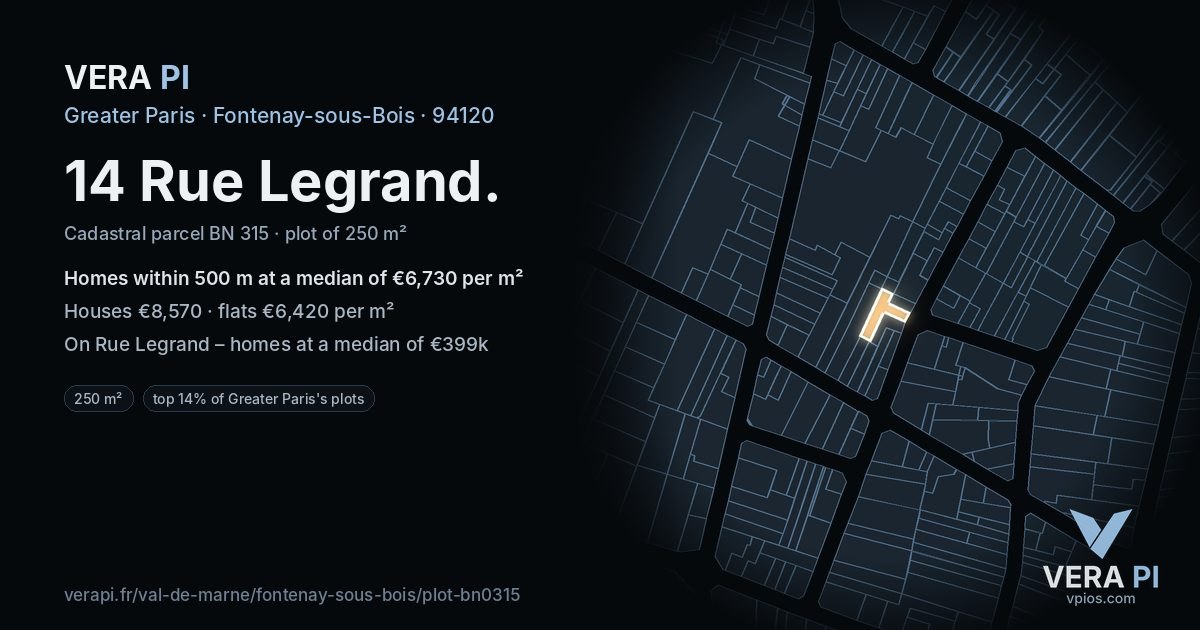 14 Rue Legrand, Fontenay-sous-Bois at night – the plot lit, the parcels around coloured by the prices near them