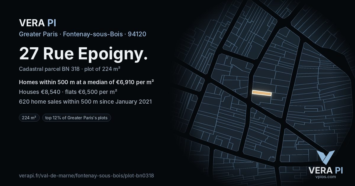 27 Rue Epoigny, Fontenay-sous-Bois at night – the plot lit, the parcels around coloured by the prices near them