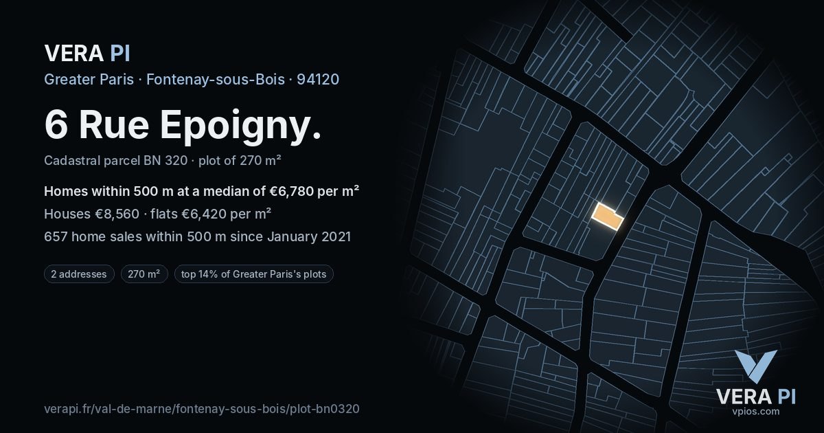6 Rue Epoigny, Fontenay-sous-Bois at night – the plot lit, the parcels around coloured by the prices near them