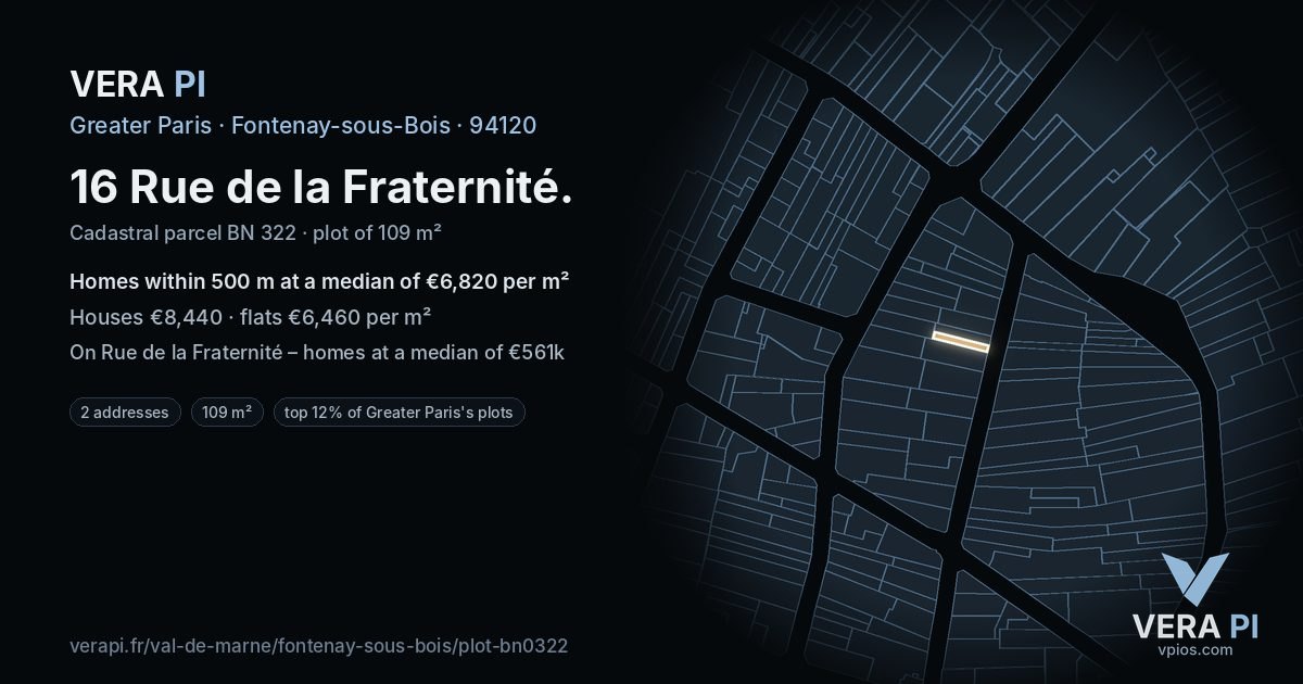 16 Rue de la Fraternité, Fontenay-sous-Bois at night – the plot lit, the parcels around coloured by the prices near them