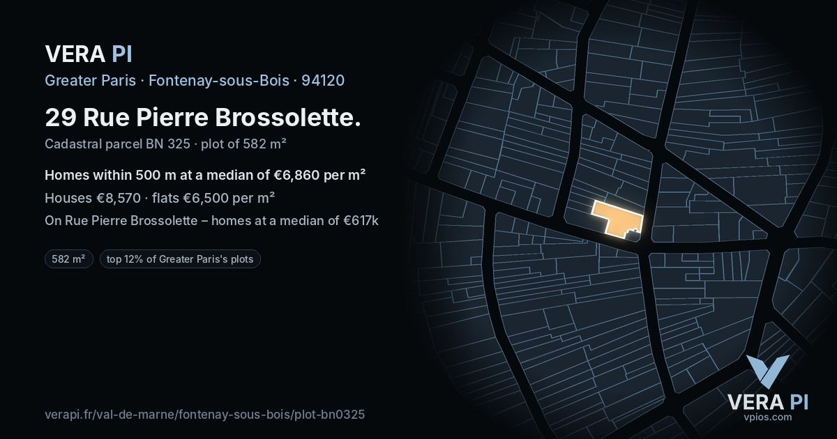 29 Rue Pierre Brossolette, Fontenay-sous-Bois at night – the plot lit, the parcels around coloured by the prices near them
