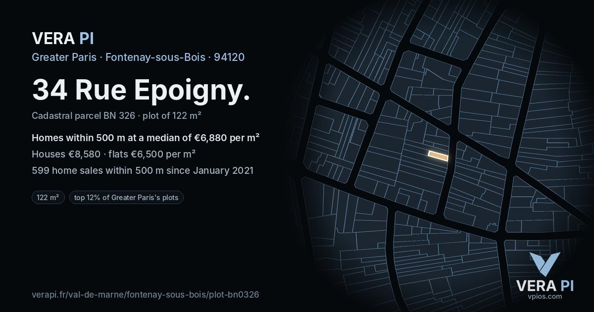 34 Rue Epoigny, Fontenay-sous-Bois at night – the plot lit, the parcels around coloured by the prices near them