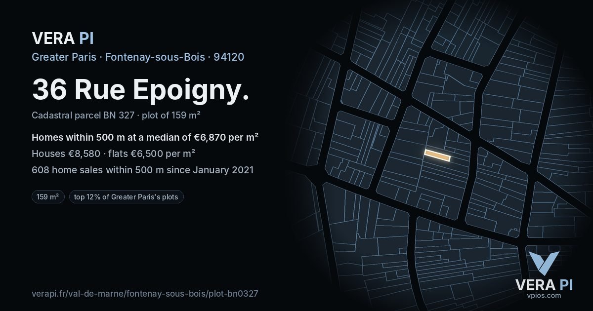36 Rue Epoigny, Fontenay-sous-Bois at night – the plot lit, the parcels around coloured by the prices near them