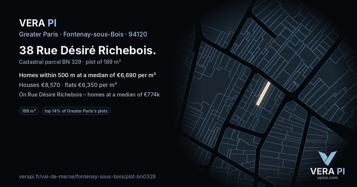 38 Rue Désiré Richebois, Fontenay-sous-Bois at night – the plot lit, the parcels around coloured by the prices near them