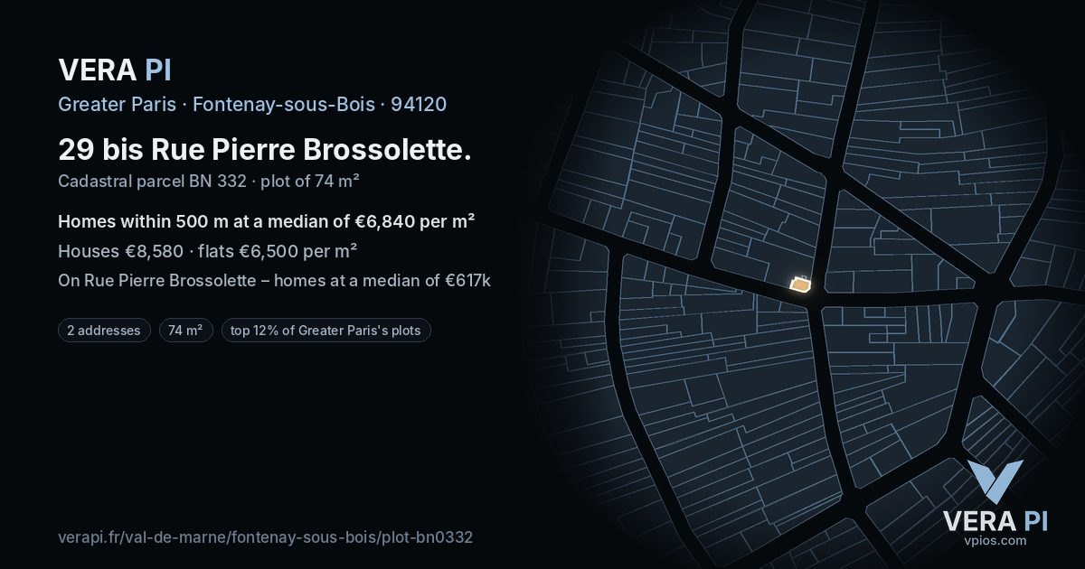 29 bis Rue Pierre Brossolette, Fontenay-sous-Bois at night – the plot lit, the parcels around coloured by the prices near them