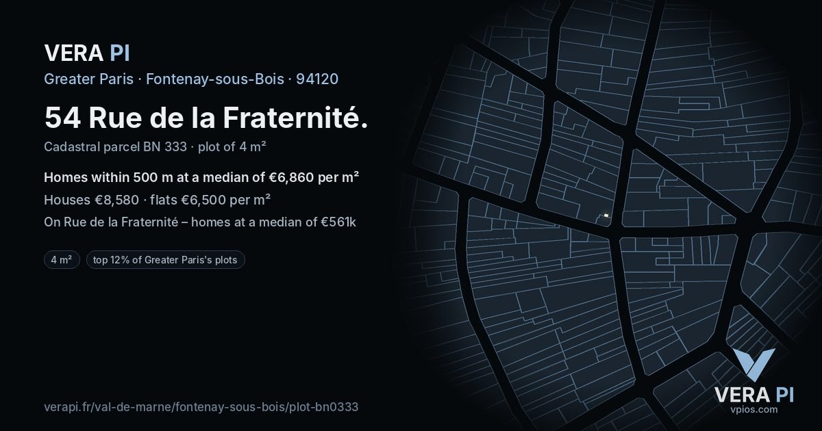 54 Rue de la Fraternité, Fontenay-sous-Bois at night – the plot lit, the parcels around coloured by the prices near them