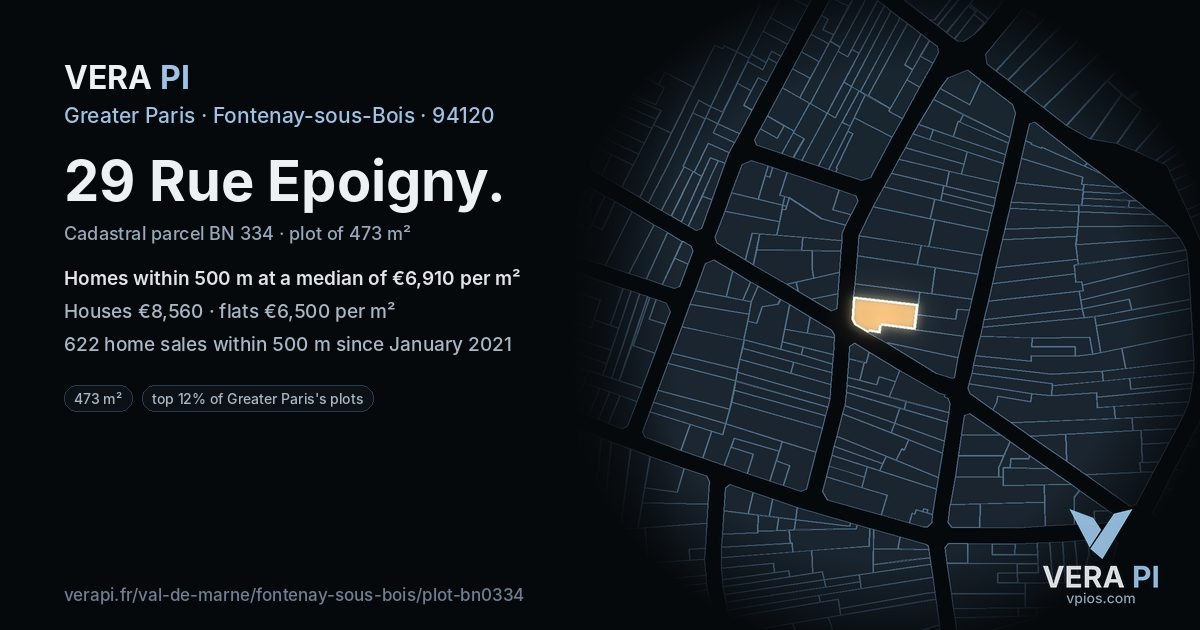 29 Rue Epoigny, Fontenay-sous-Bois at night – the plot lit, the parcels around coloured by the prices near them