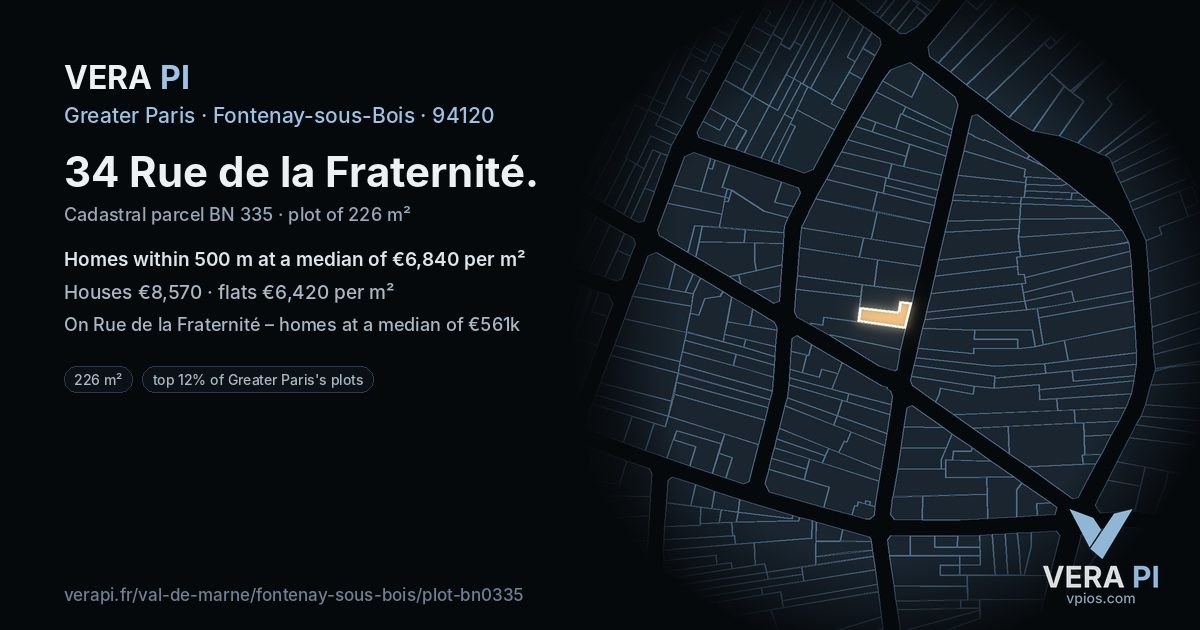 34 Rue de la Fraternité, Fontenay-sous-Bois at night – the plot lit, the parcels around coloured by the prices near them