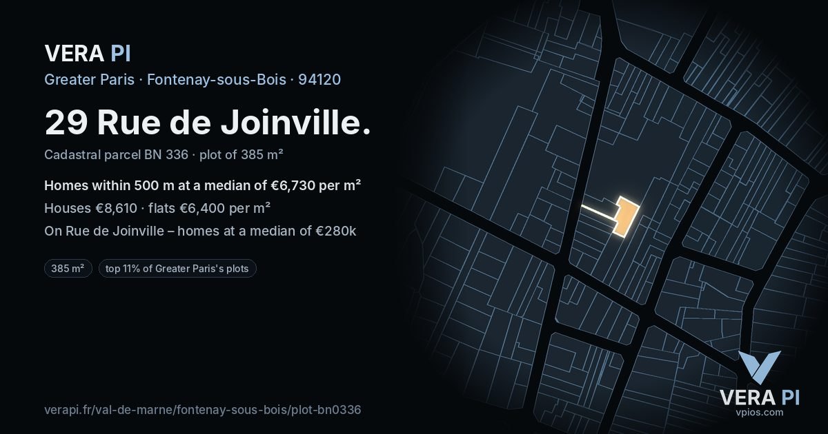 29 Rue de Joinville, Fontenay-sous-Bois at night – the plot lit, the parcels around coloured by the prices near them