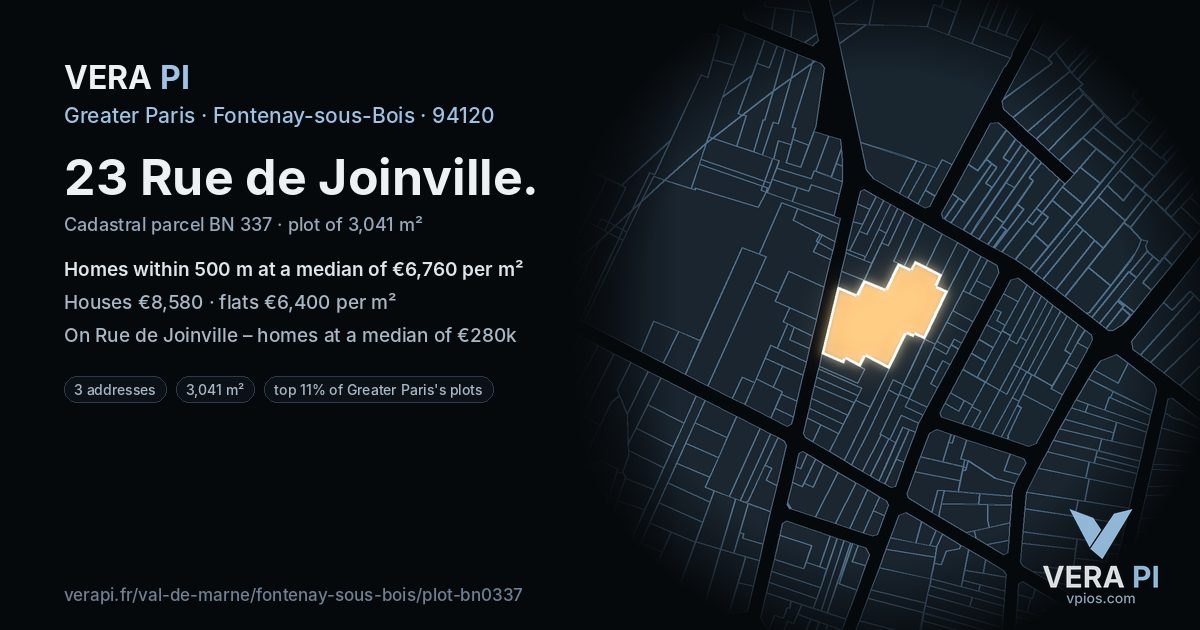 23 Rue de Joinville, Fontenay-sous-Bois at night – the plot lit, the parcels around coloured by the prices near them