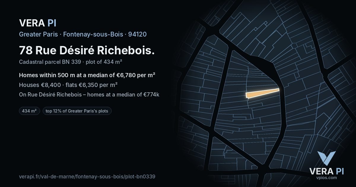 78 Rue Désiré Richebois, Fontenay-sous-Bois at night – the plot lit, the parcels around coloured by the prices near them