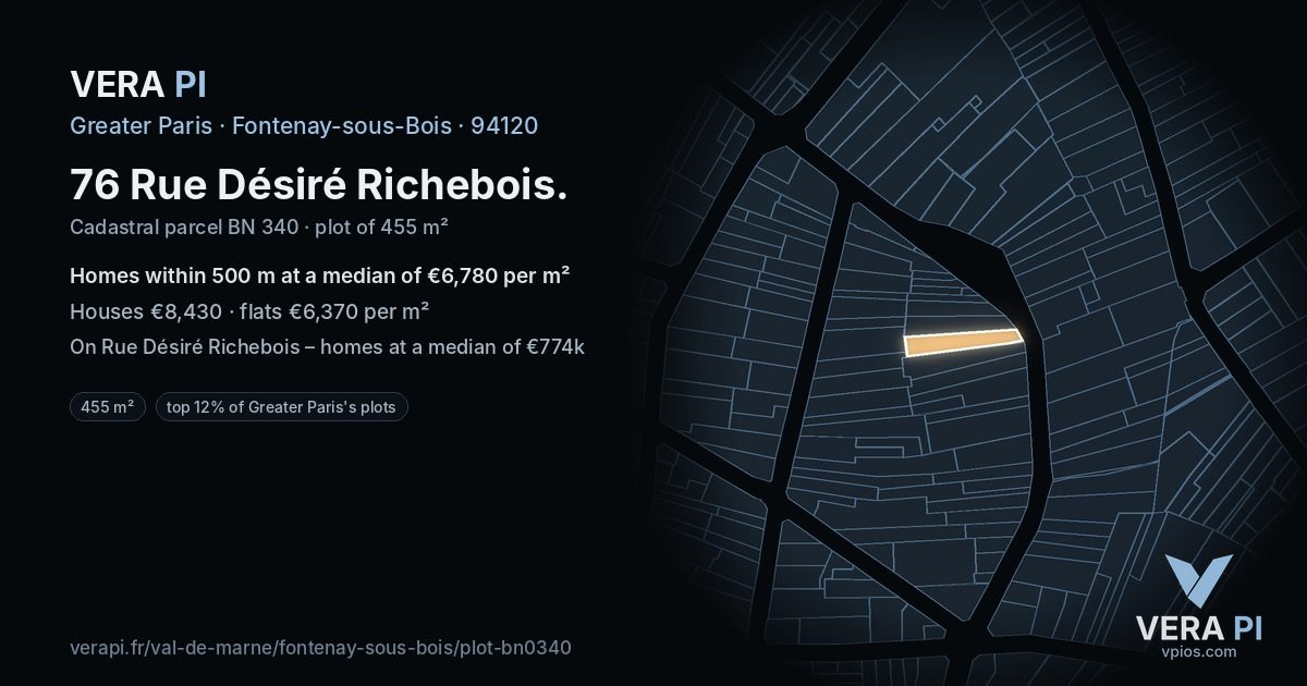 76 Rue Désiré Richebois, Fontenay-sous-Bois at night – the plot lit, the parcels around coloured by the prices near them