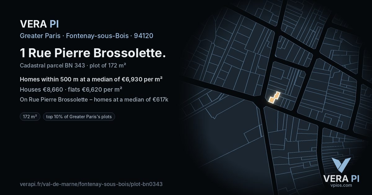 1 Rue Pierre Brossolette, Fontenay-sous-Bois at night – the plot lit, the parcels around coloured by the prices near them