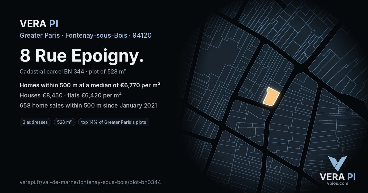 8 Rue Epoigny, Fontenay-sous-Bois at night – the plot lit, the parcels around coloured by the prices near them