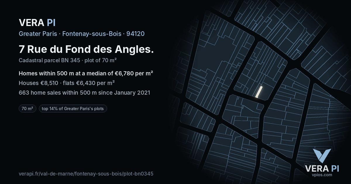 7 Rue du Fond des Angles, Fontenay-sous-Bois at night – the plot lit, the parcels around coloured by the prices near them