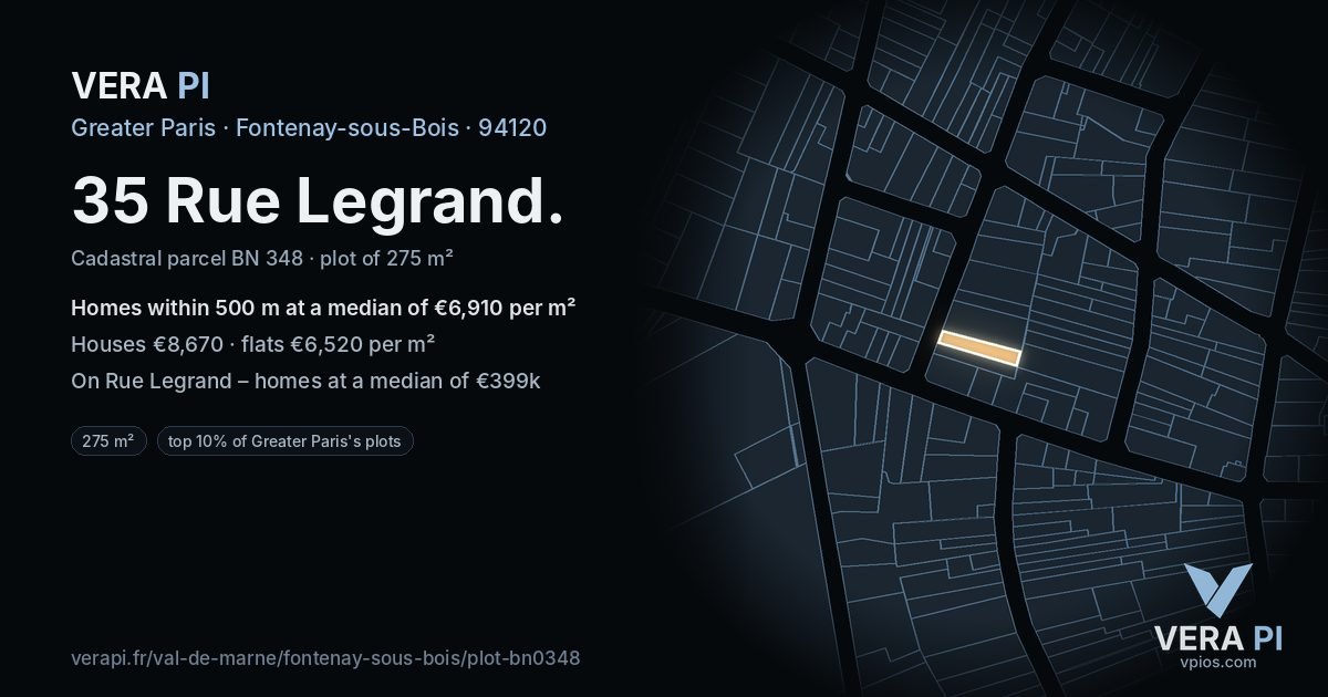 35 Rue Legrand, Fontenay-sous-Bois at night – the plot lit, the parcels around coloured by the prices near them