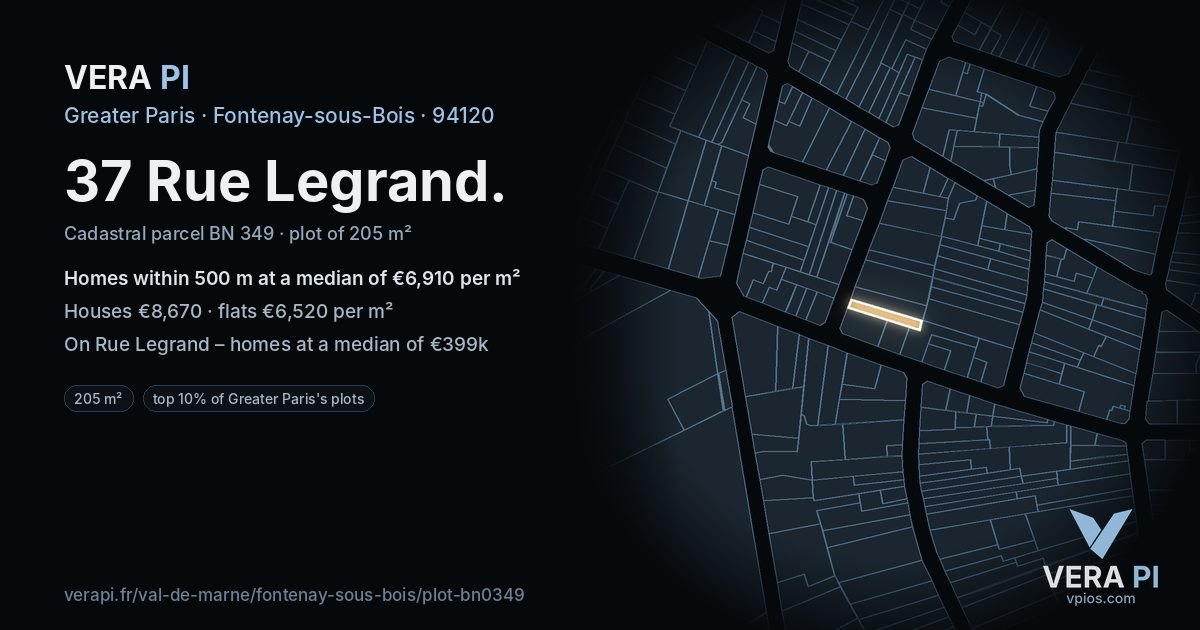37 Rue Legrand, Fontenay-sous-Bois at night – the plot lit, the parcels around coloured by the prices near them