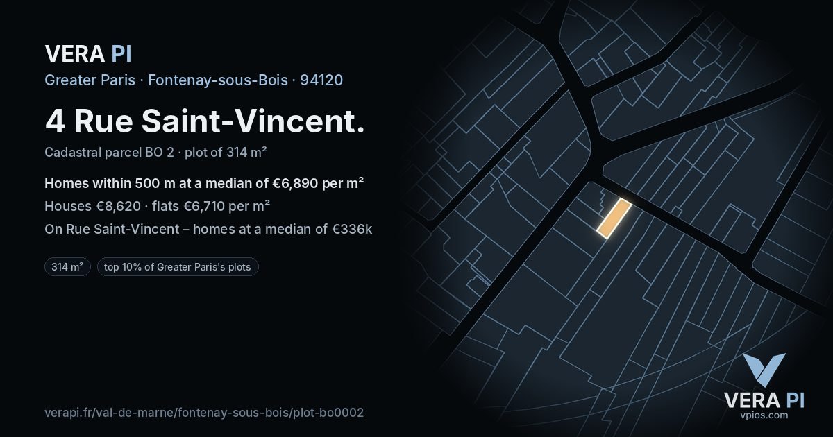 4 Rue Saint-Vincent, Fontenay-sous-Bois at night – the plot lit, the parcels around coloured by the prices near them