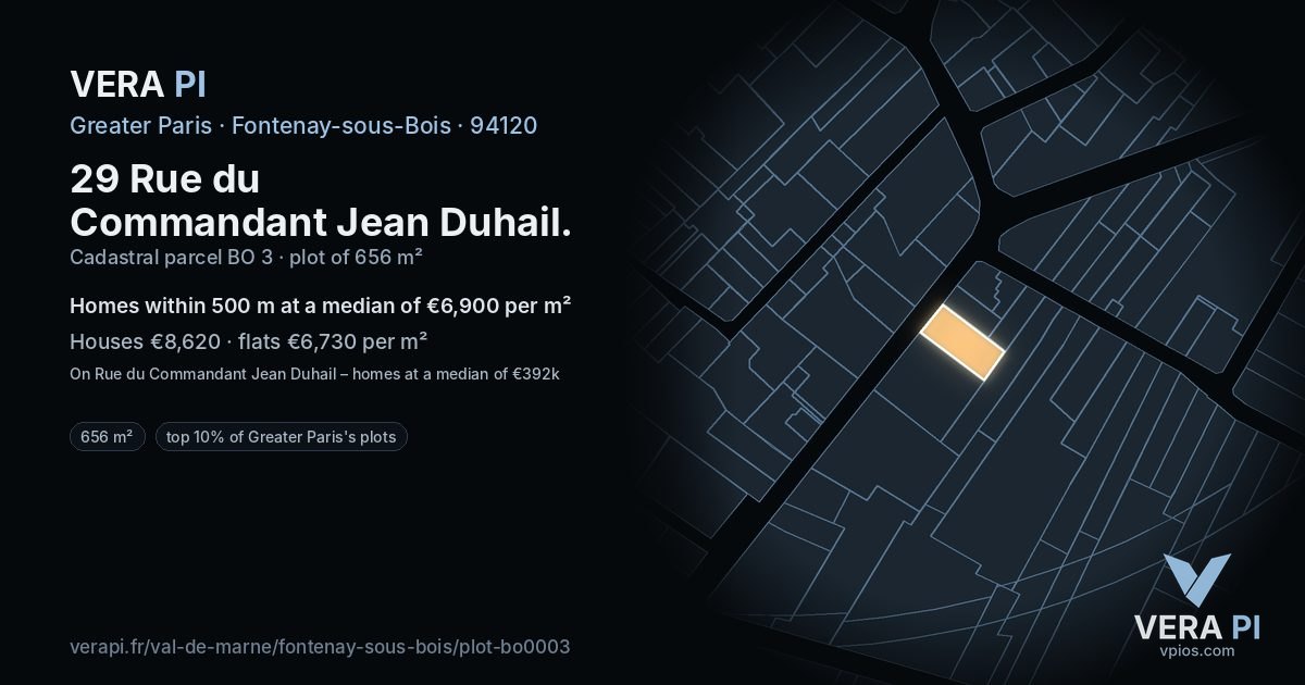 29 Rue du Commandant Jean Duhail, Fontenay-sous-Bois at night – the plot lit, the parcels around coloured by the prices near them