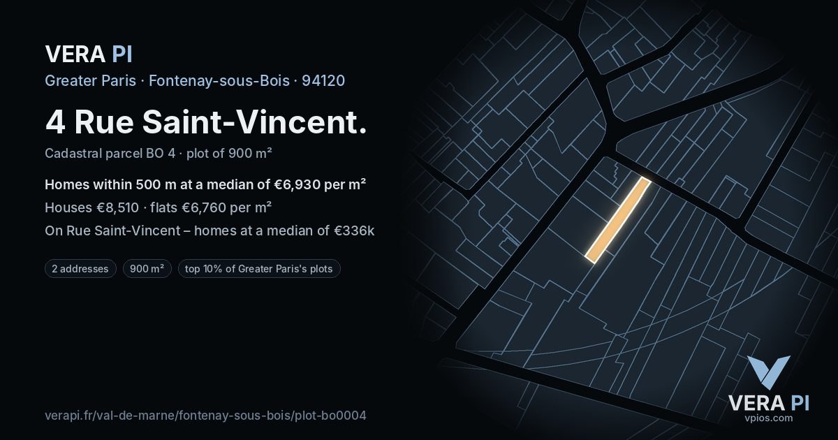 4 Rue Saint-Vincent, Fontenay-sous-Bois at night – the plot lit, the parcels around coloured by the prices near them