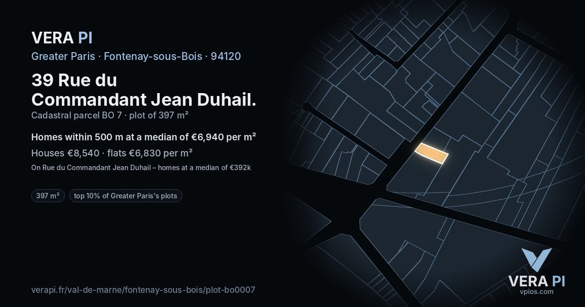 39 Rue du Commandant Jean Duhail, Fontenay-sous-Bois at night – the plot lit, the parcels around coloured by the prices near them