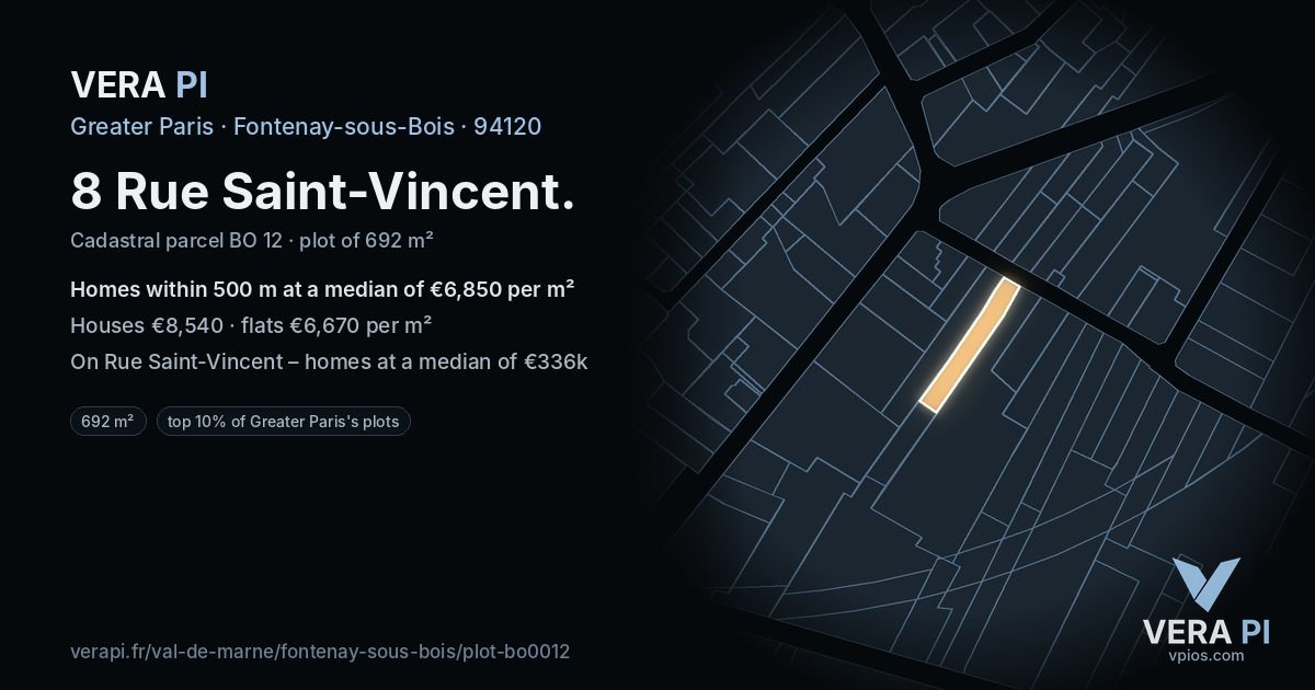 8 Rue Saint-Vincent, Fontenay-sous-Bois at night – the plot lit, the parcels around coloured by the prices near them