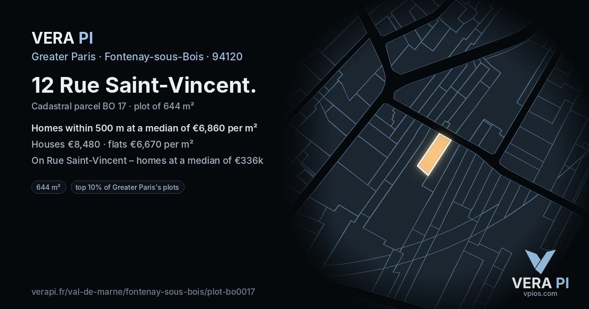 12 Rue Saint-Vincent, Fontenay-sous-Bois at night – the plot lit, the parcels around coloured by the prices near them