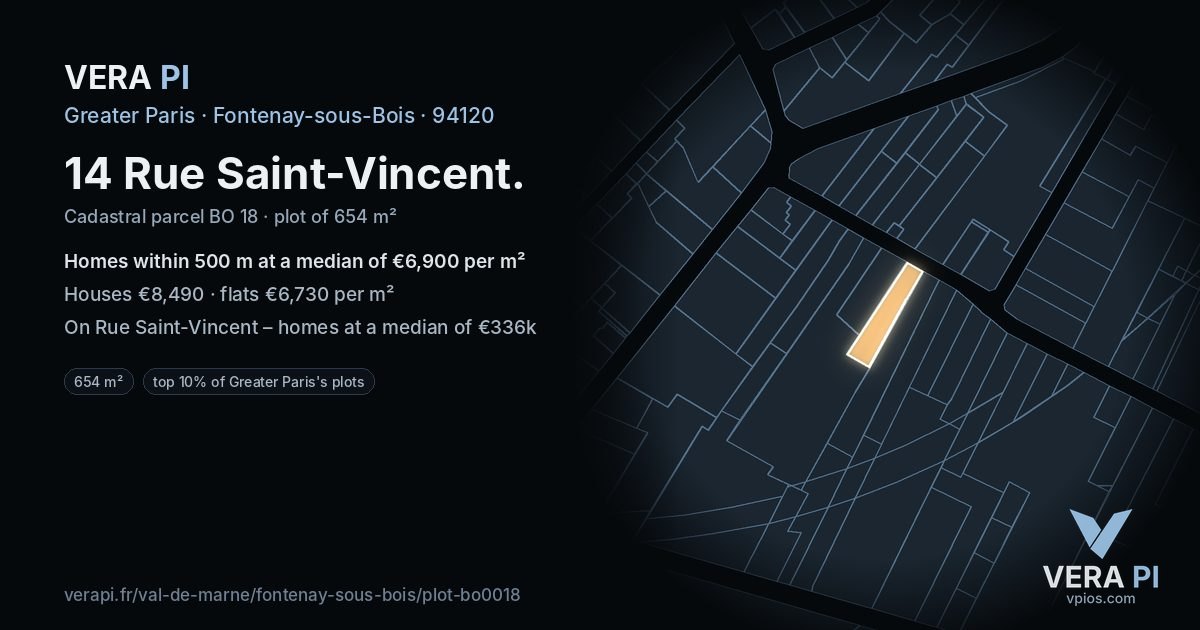 14 Rue Saint-Vincent, Fontenay-sous-Bois at night – the plot lit, the parcels around coloured by the prices near them