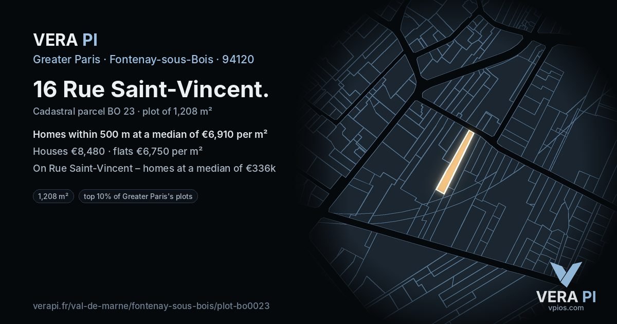 16 Rue Saint-Vincent, Fontenay-sous-Bois at night – the plot lit, the parcels around coloured by the prices near them