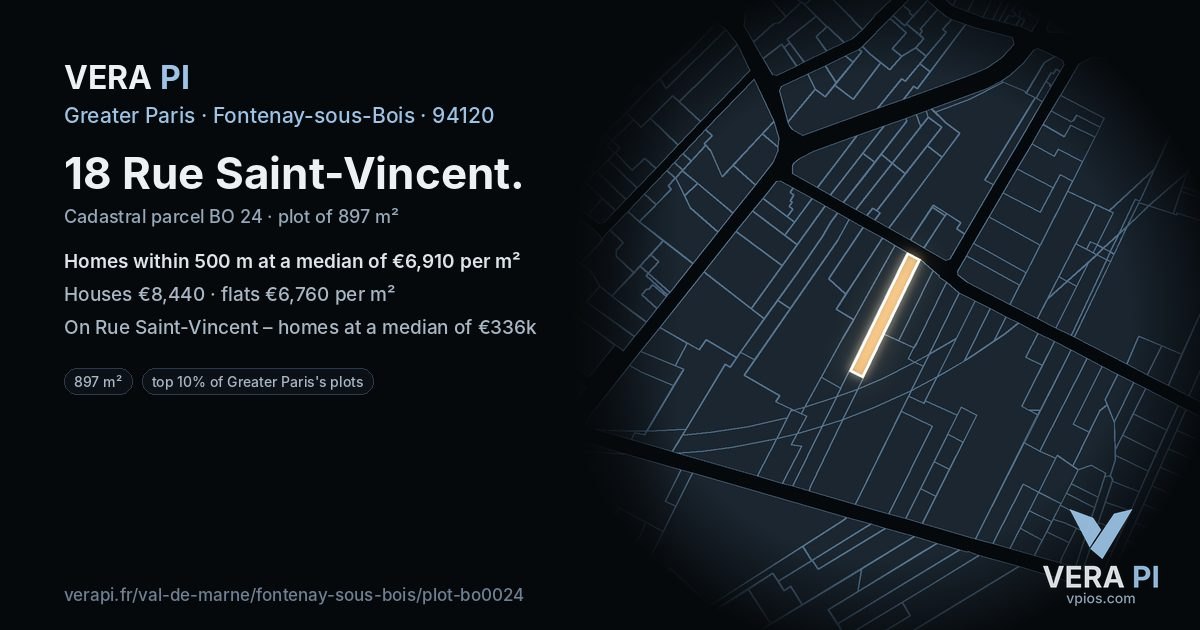 18 Rue Saint-Vincent, Fontenay-sous-Bois at night – the plot lit, the parcels around coloured by the prices near them