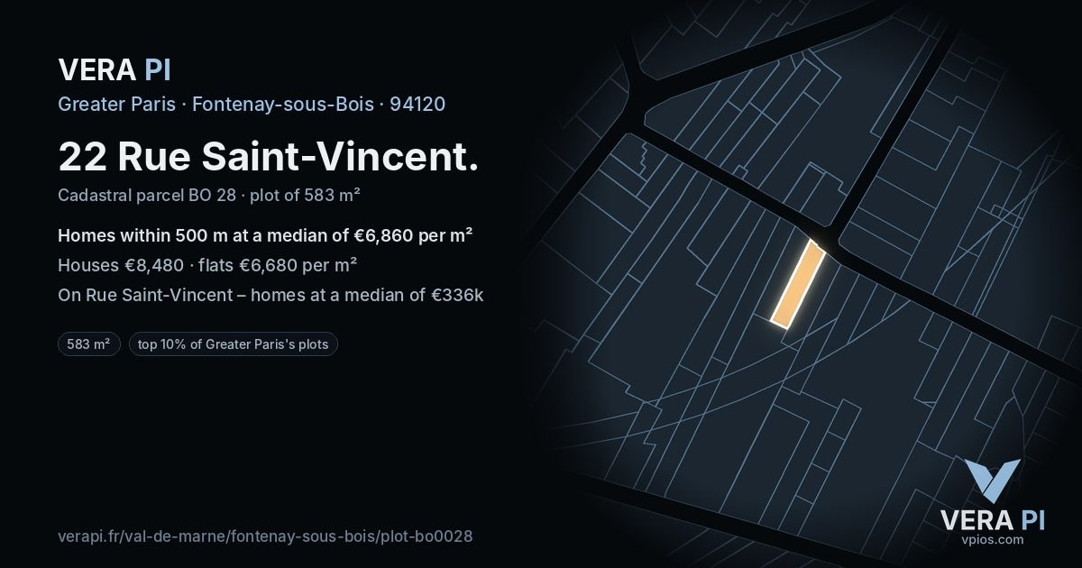 22 Rue Saint-Vincent, Fontenay-sous-Bois at night – the plot lit, the parcels around coloured by the prices near them
