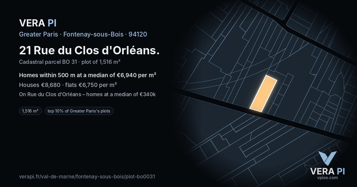 21 Rue du Clos d'Orléans, Fontenay-sous-Bois at night – the plot lit, the parcels around coloured by the prices near them