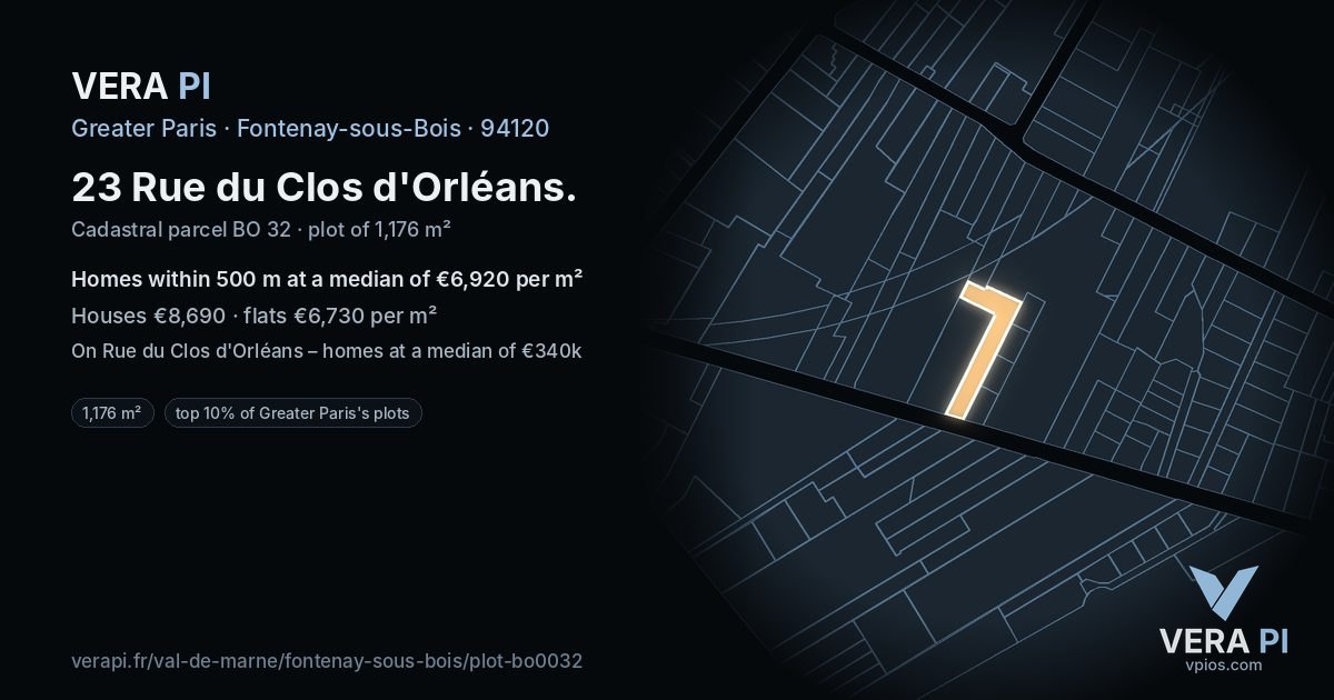 23 Rue du Clos d'Orléans, Fontenay-sous-Bois at night – the plot lit, the parcels around coloured by the prices near them