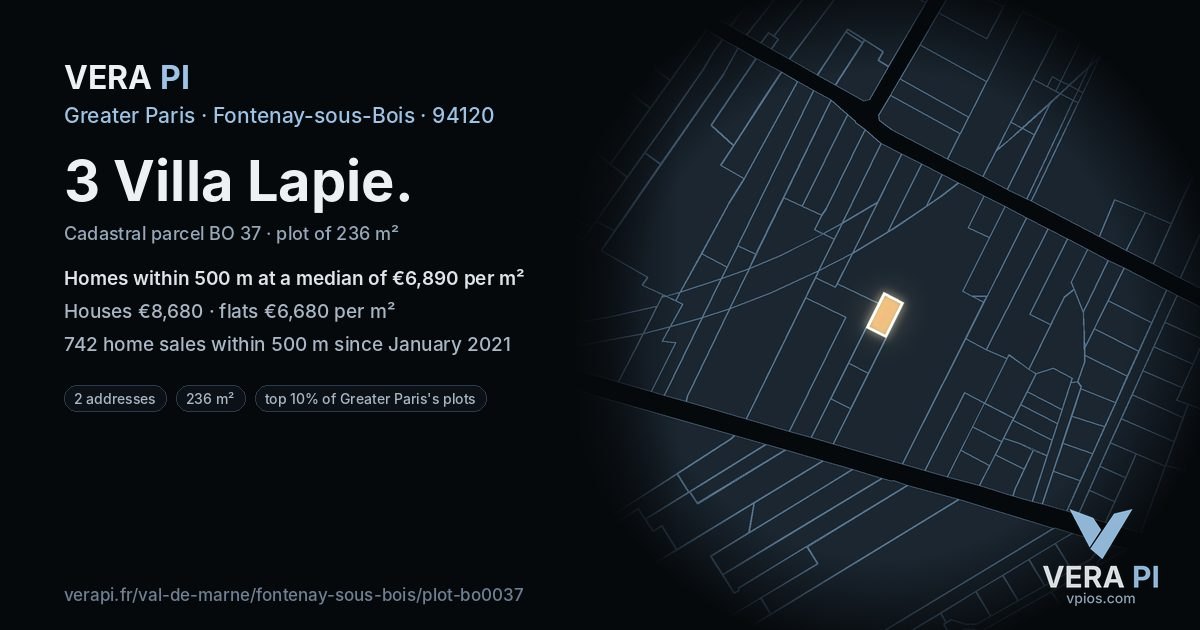 3 Villa Lapie, Fontenay-sous-Bois at night – the plot lit, the parcels around coloured by the prices near them