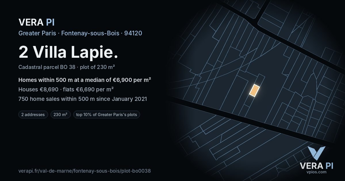 2 Villa Lapie, Fontenay-sous-Bois at night – the plot lit, the parcels around coloured by the prices near them