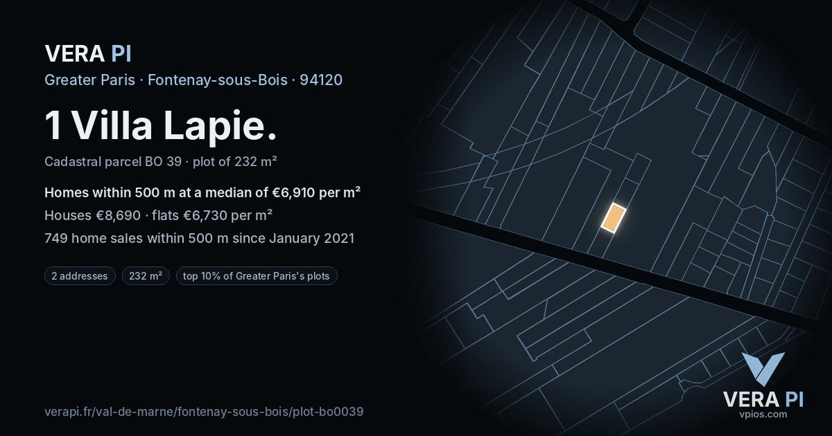 1 Villa Lapie, Fontenay-sous-Bois at night – the plot lit, the parcels around coloured by the prices near them