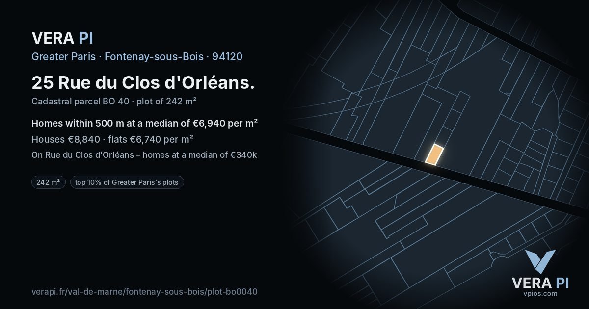 25 Rue du Clos d'Orléans, Fontenay-sous-Bois at night – the plot lit, the parcels around coloured by the prices near them