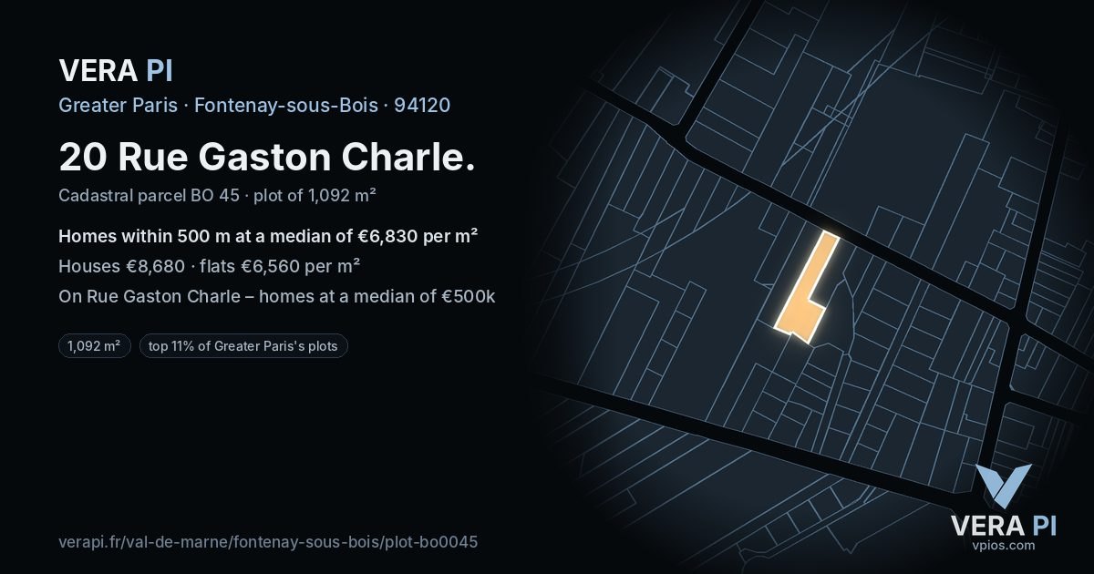 20 Rue Gaston Charle, Fontenay-sous-Bois at night – the plot lit, the parcels around coloured by the prices near them